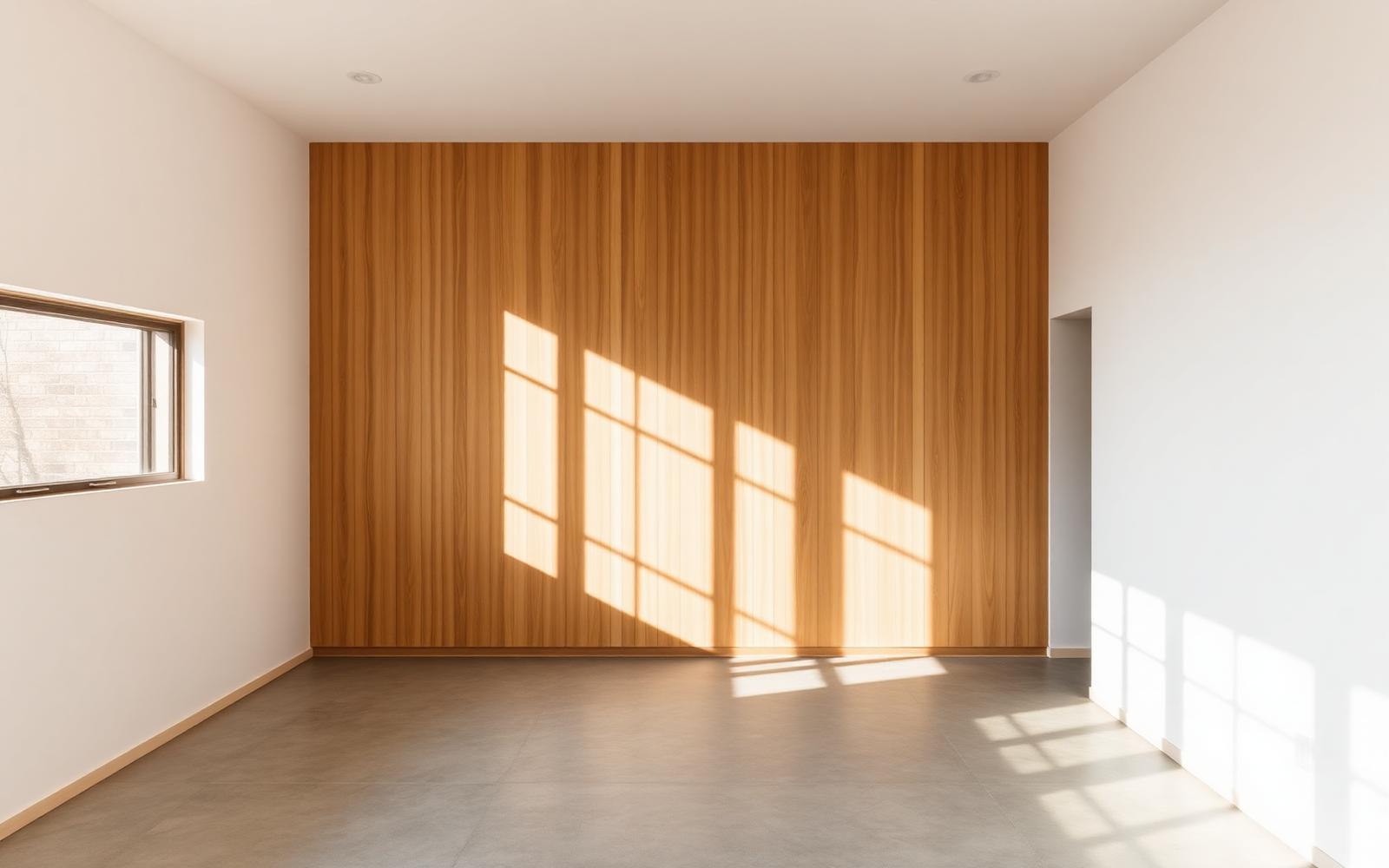 Séjour minimal traversé par une tache de soleil sur mur bois et sol béton