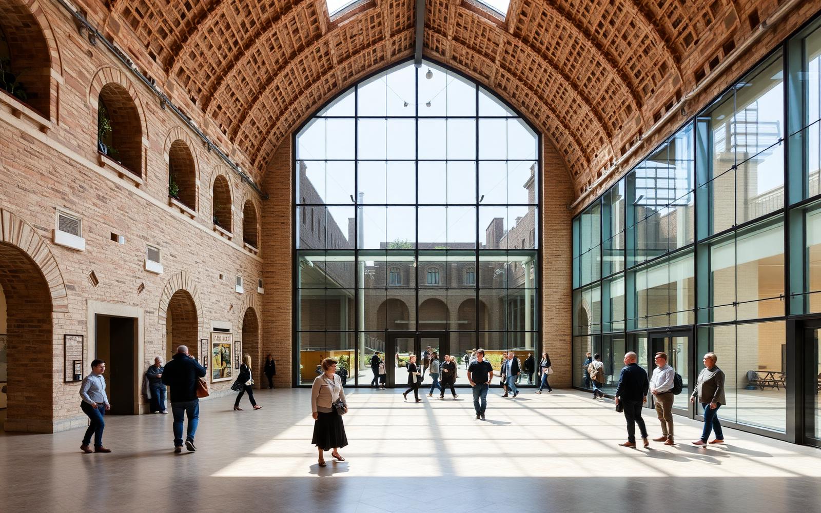 Halle réhabilitée en espace public, voûtes de brique et grande façade vitrée