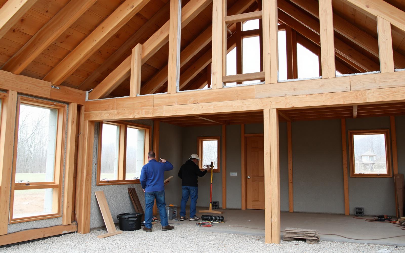 Ossature bois en cours de montage avec isolation et enduit intérieur