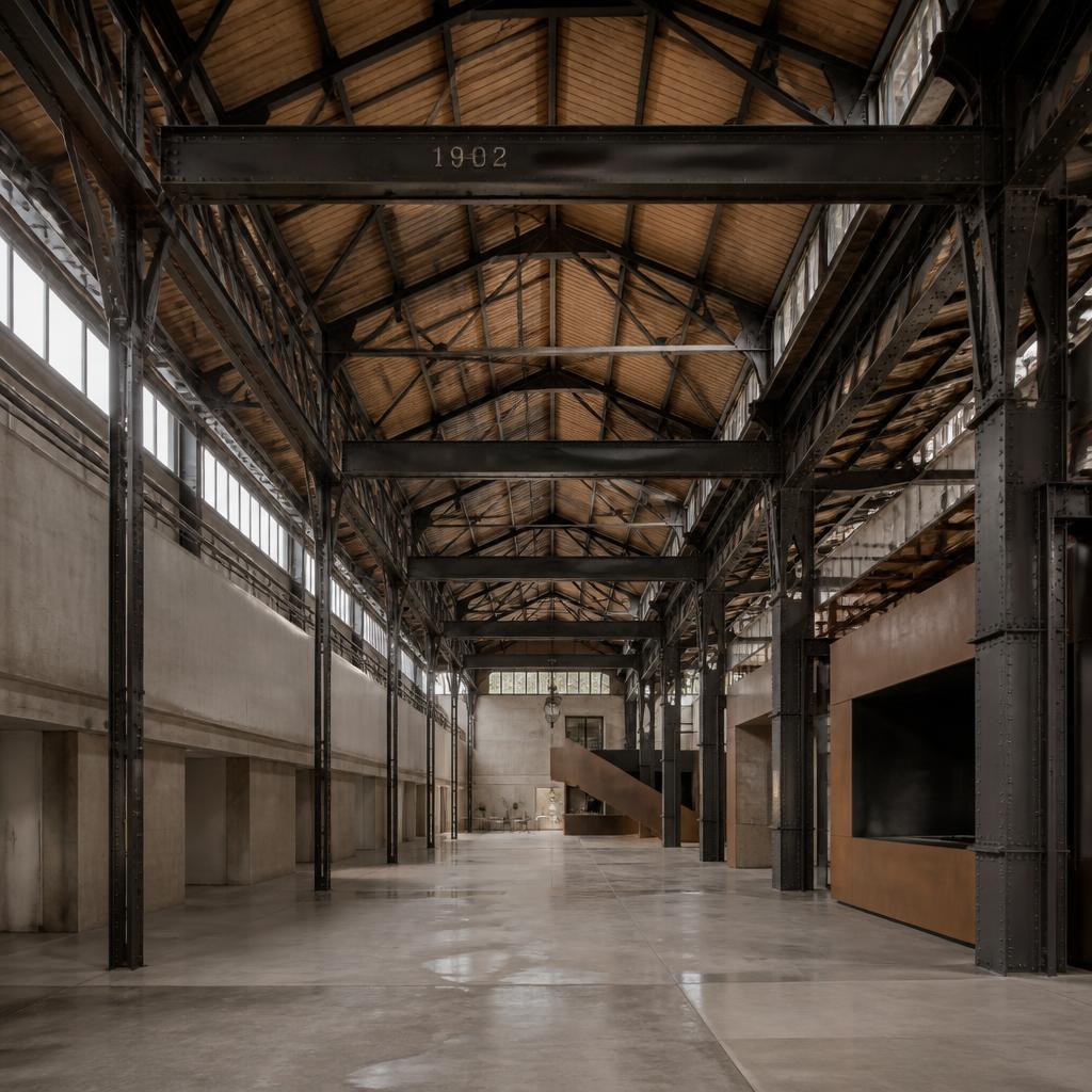Intérieur d'une halle industrielle réhabilitée avec charpente métallique apparente