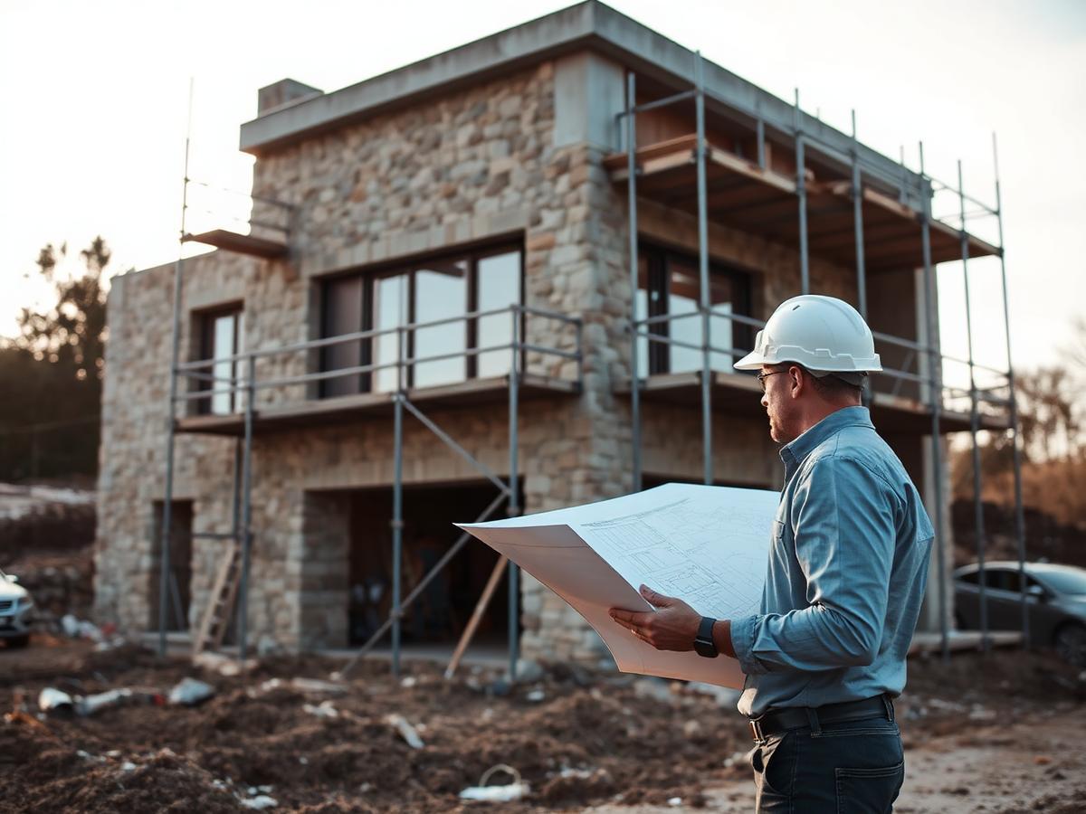 Architecte consultant des plans devant une maison en pierre en cours de construction