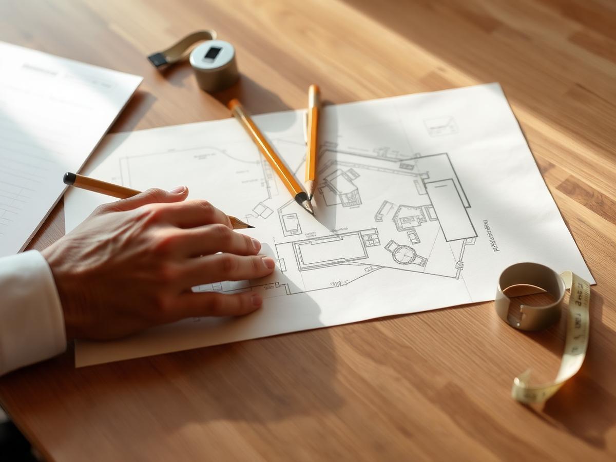 Mains d'architecte annotant un croquis de terrain au crayon sur une table en bois