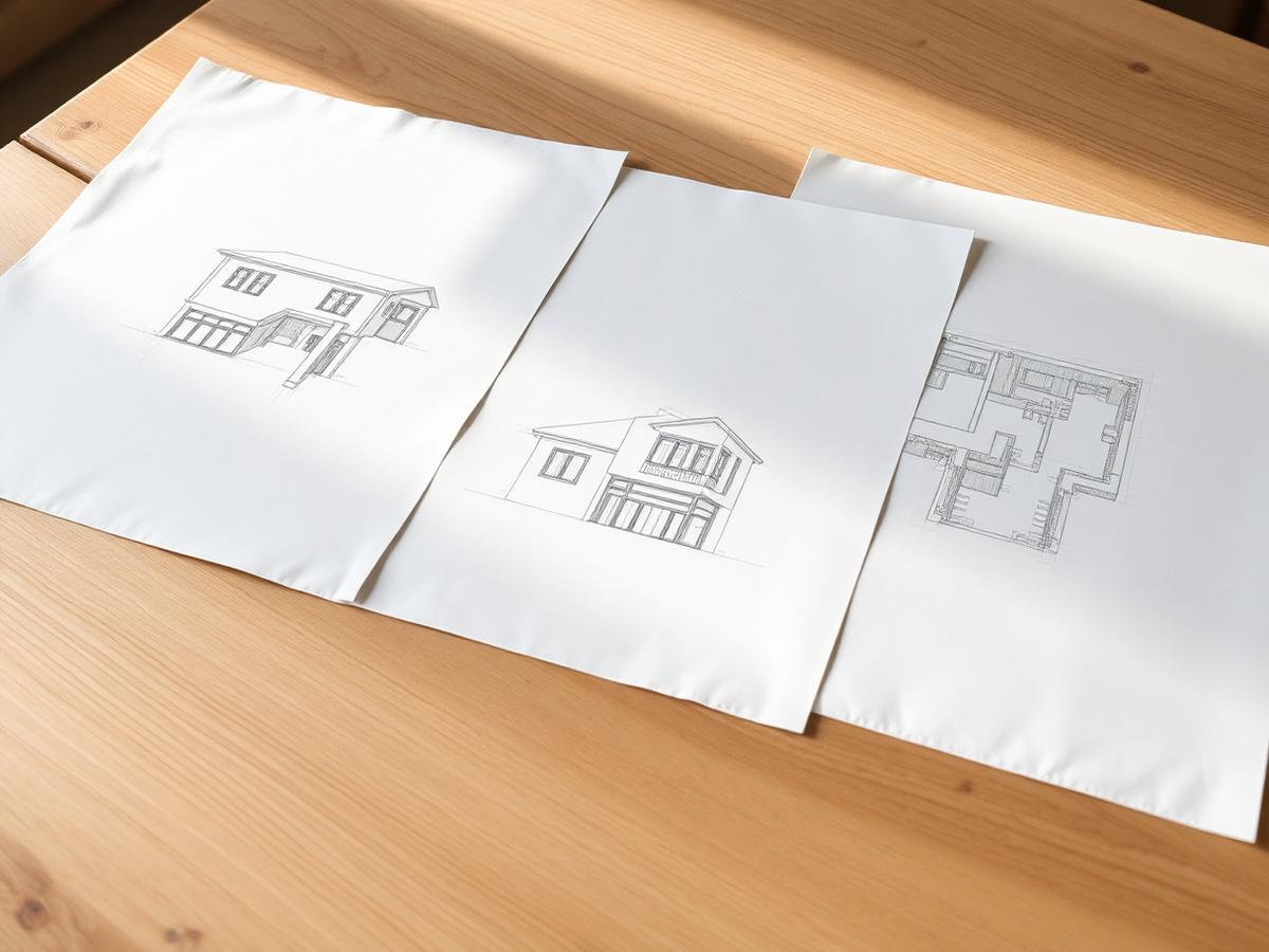 Trois esquisses d'architecte au crayon posées sur une table en bois