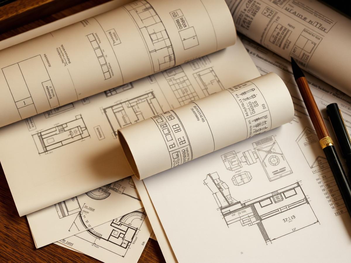 Rouleaux de plans techniques et dossier de permis de construire sur un bureau