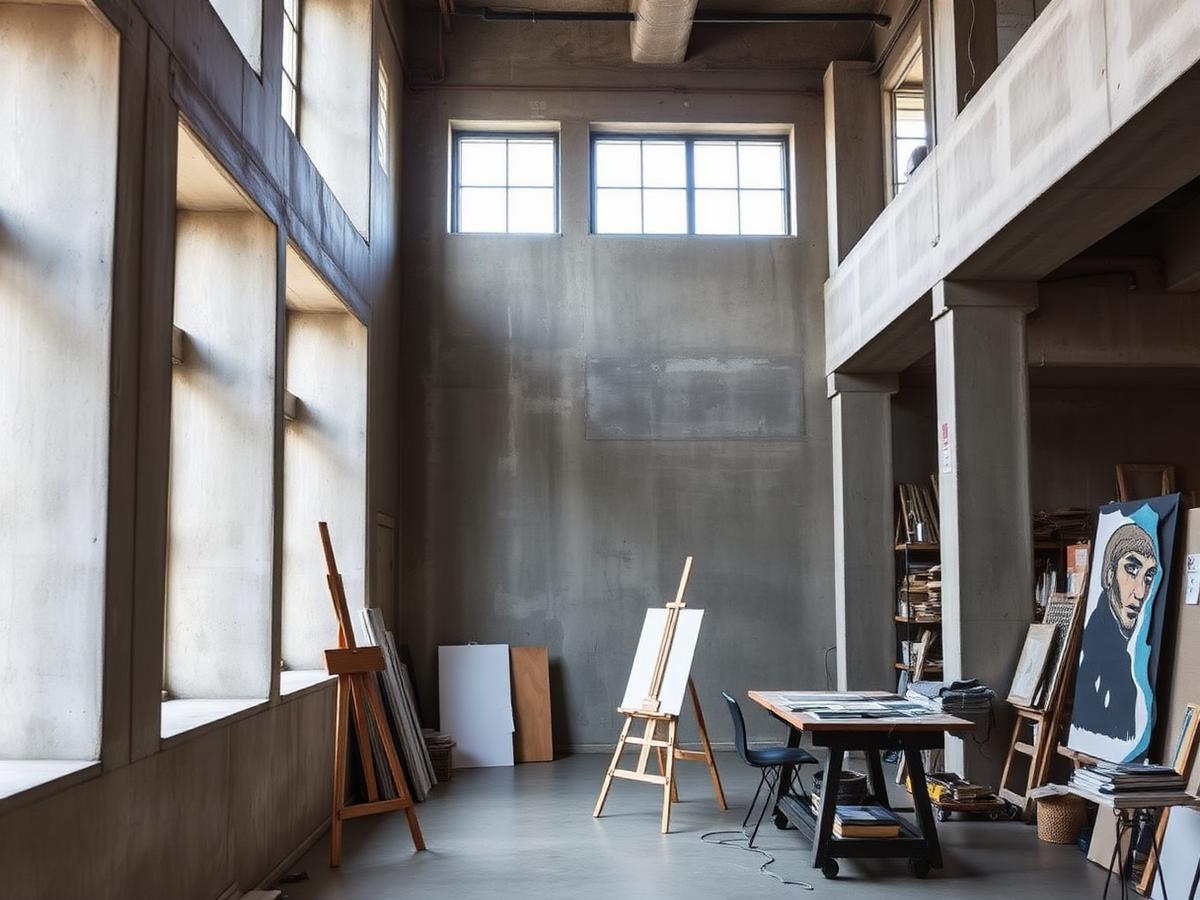 Intérieur d'un logement-atelier en béton brut