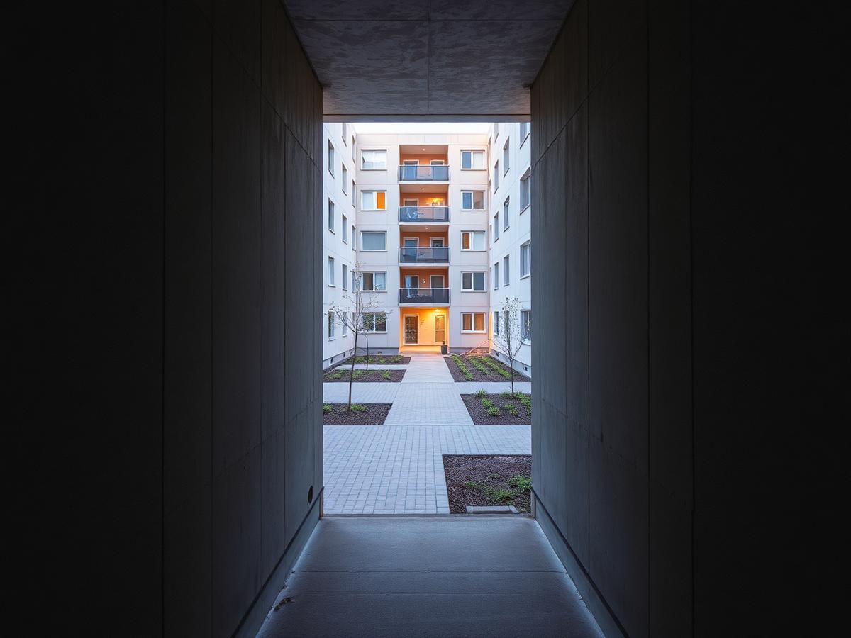 Passage en béton brut ouvrant sur la cour pavée
