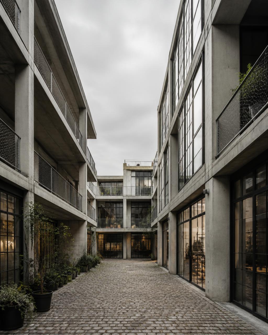 Logements-ateliers en béton brut autour d'une cour pavée
