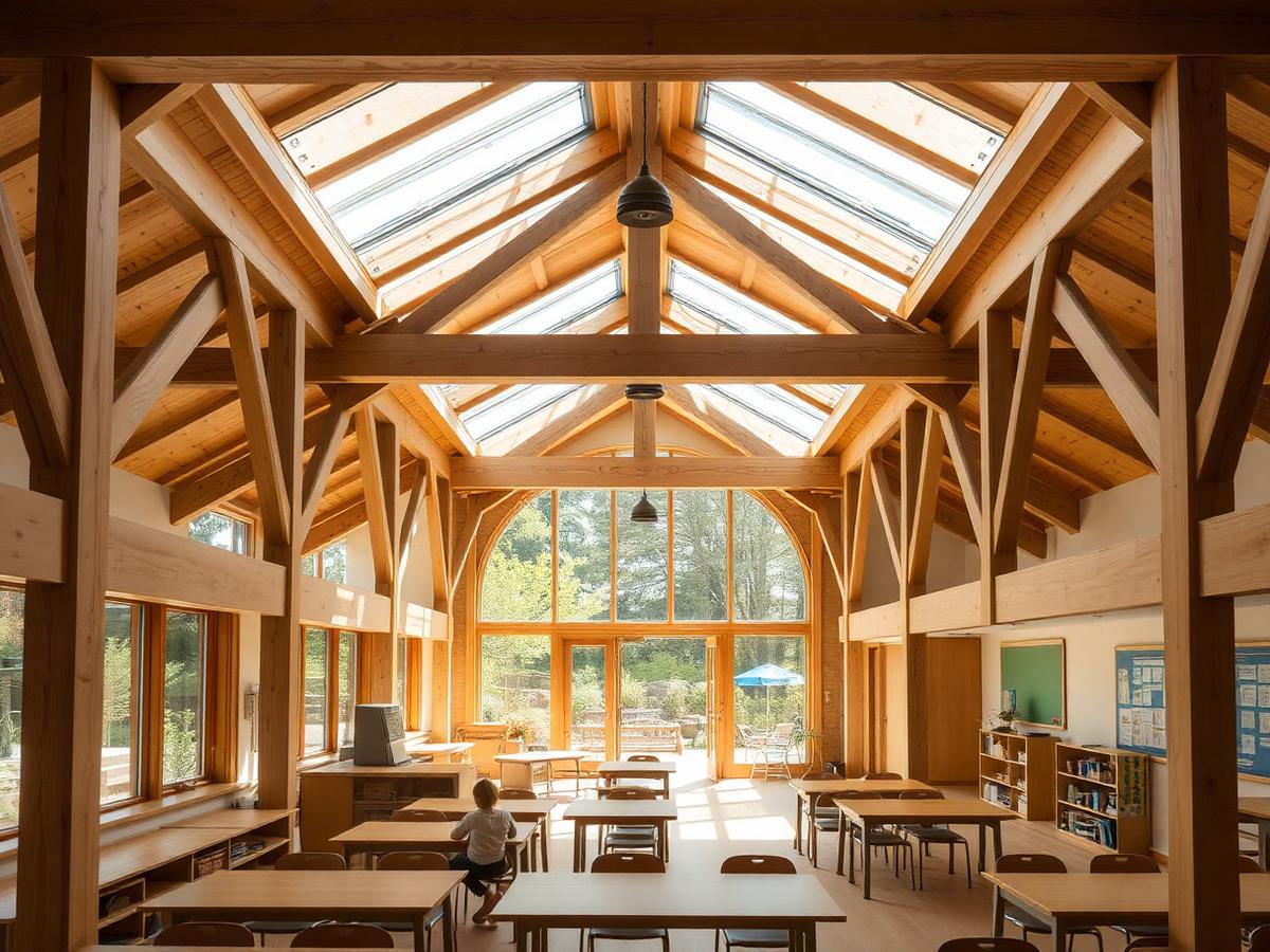 Salle de classe en structure bois avec lumière zénithale