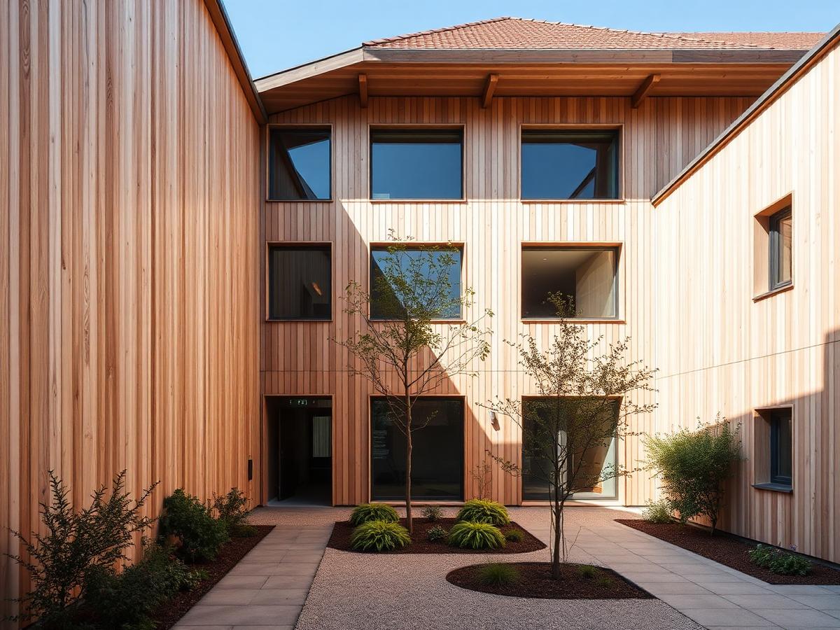 Façade bois du groupe scolaire sur cour plantée