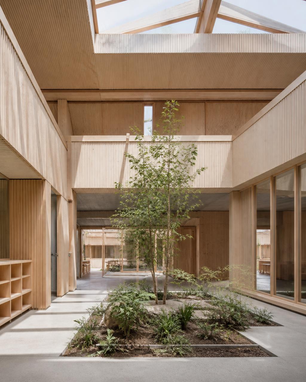 Groupe scolaire en bois clair avec patio planté et lumière zénithale