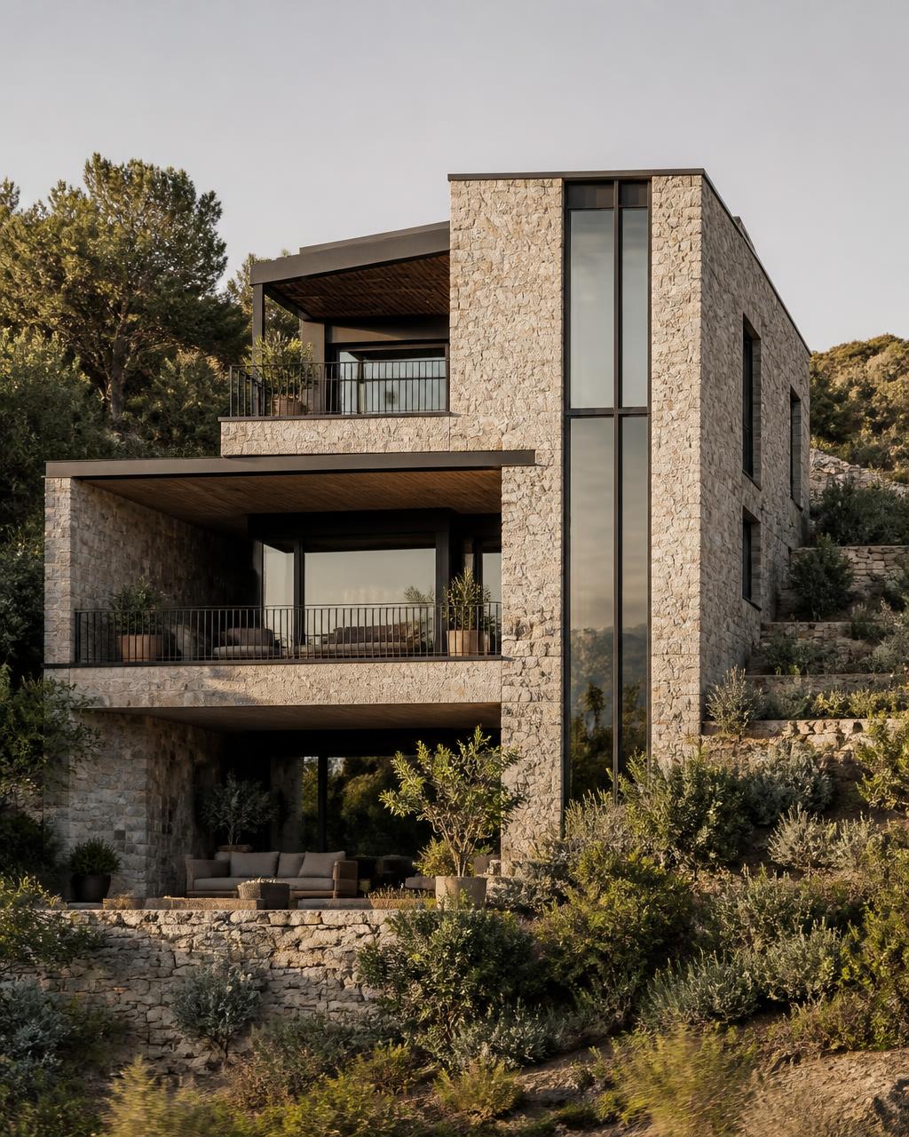Maison contemporaine en pierre à trois terrasses sur une pente boisée