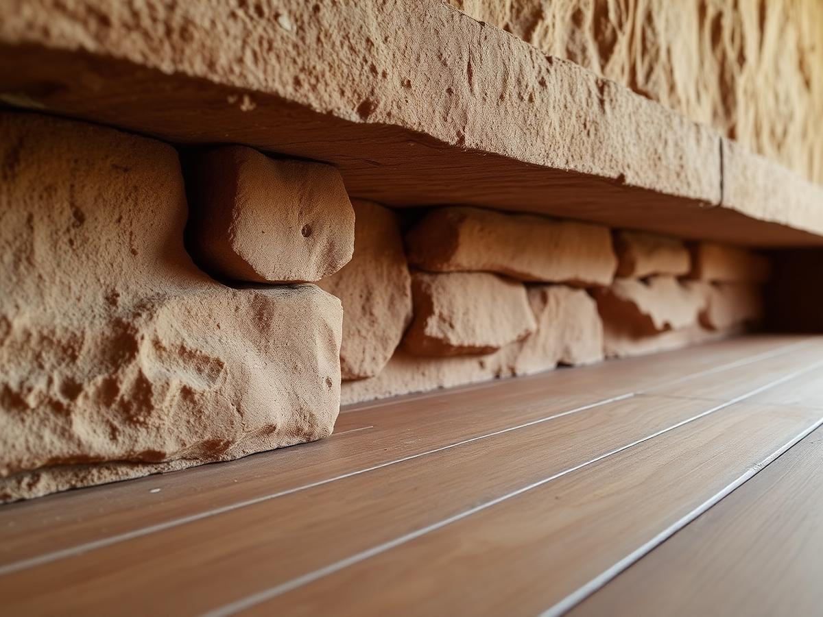 Détail des strates de terre crue et du plancher bois