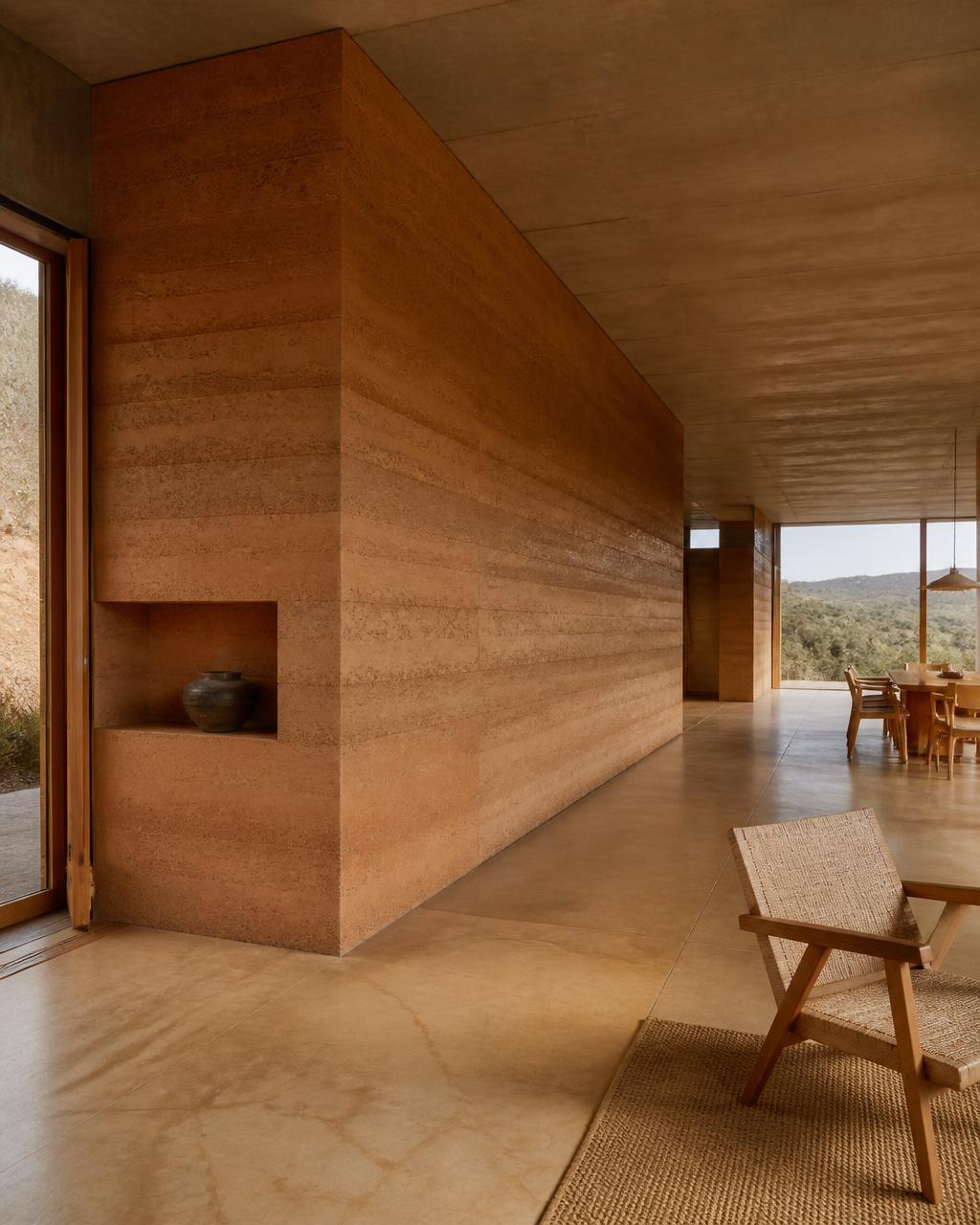 Intérieur de villa traversé par un long mur de terre crue